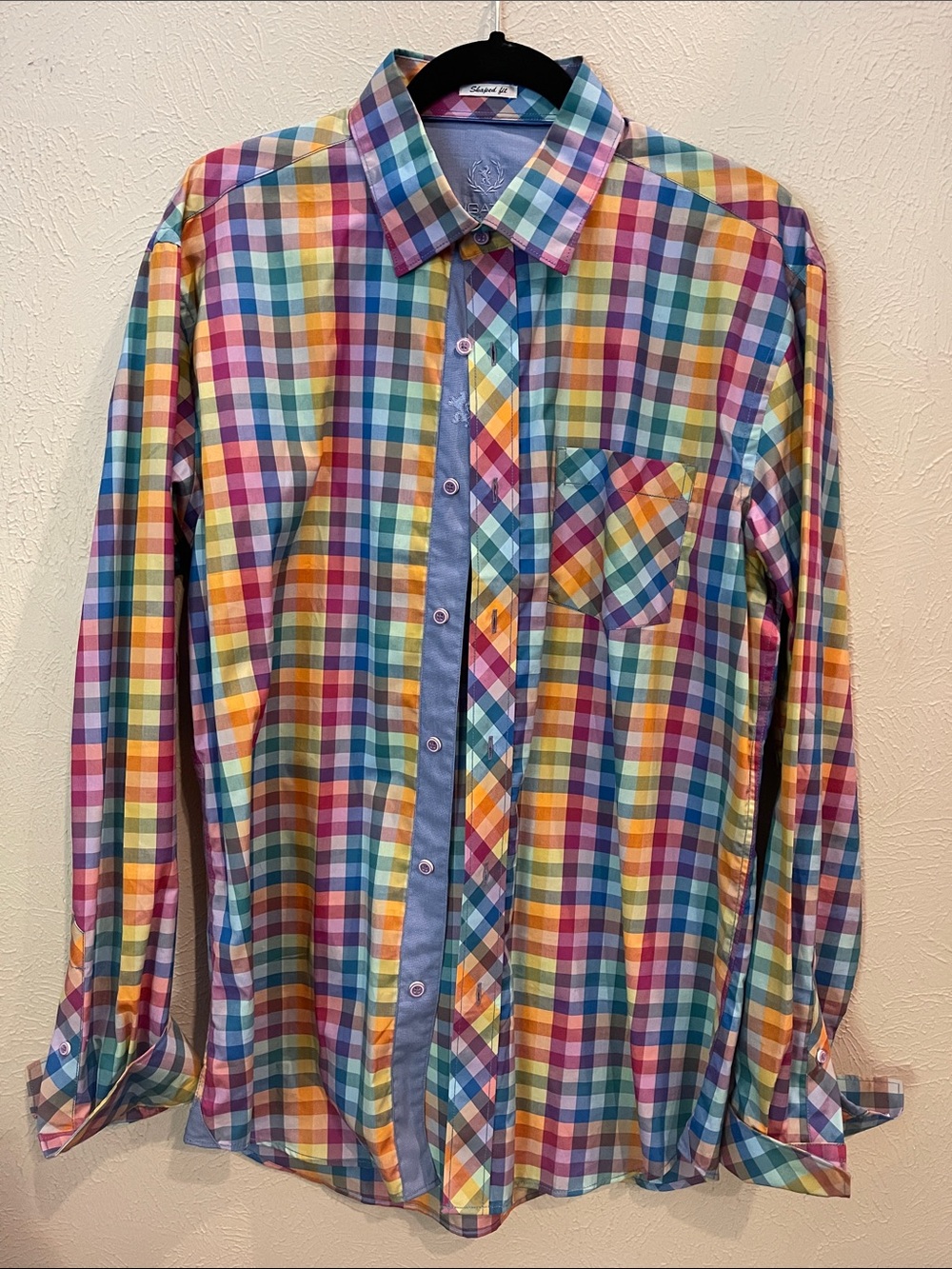 Bugatchi Multicolor Plaid Button-Down Shirt with Blue Placket. Men’s Size Large
